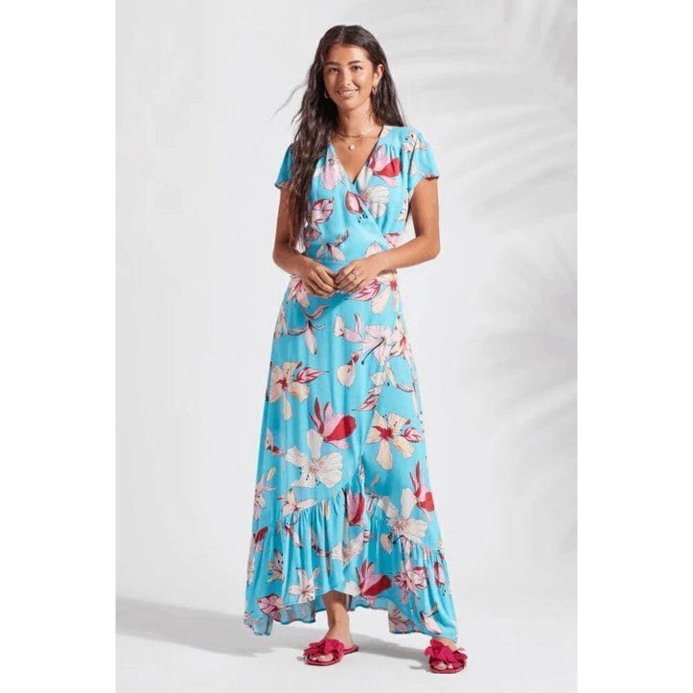 XIX Palms blue hibiscus honolulu maxi wrap dress XS